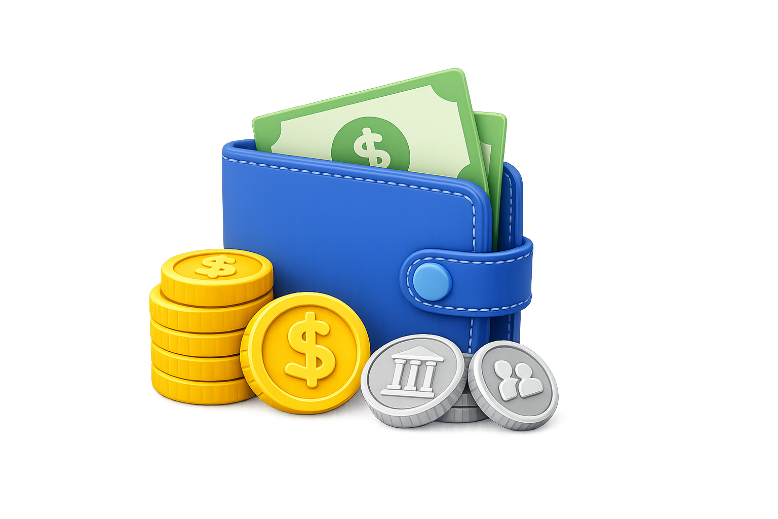 Billetera con dinero y monedas